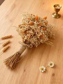 1 Bouquet Mixed With Baby's Breath, Gypsophila, Bunny Tails, And Gem Grass, Natural Floral Bouquet For Tabletop Vase, Wedding, Bridal Bouquet, Home/Office Decor, Party - Orange - View 6