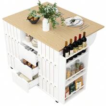 Kitchen Cabinet, Wood Grain Serving Cart, Kitchen Trolley With Wheels And Countertop, Kitchen Trolley With Spice Rack And Towel Rack, Kitchen Island With Sliding Doors And Drawers, White - White + MDF - View 3