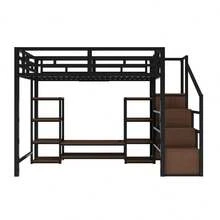 High Bed 90x200 With TV Stand, Socket And Ladder, Stable Combination Of Metal And Wood, Modern Space Saving High Bed, Bunk Bed For Children With Practical Storage, Black - 黑色 + 金屬 + 140厘米*200厘米 - 查看 9