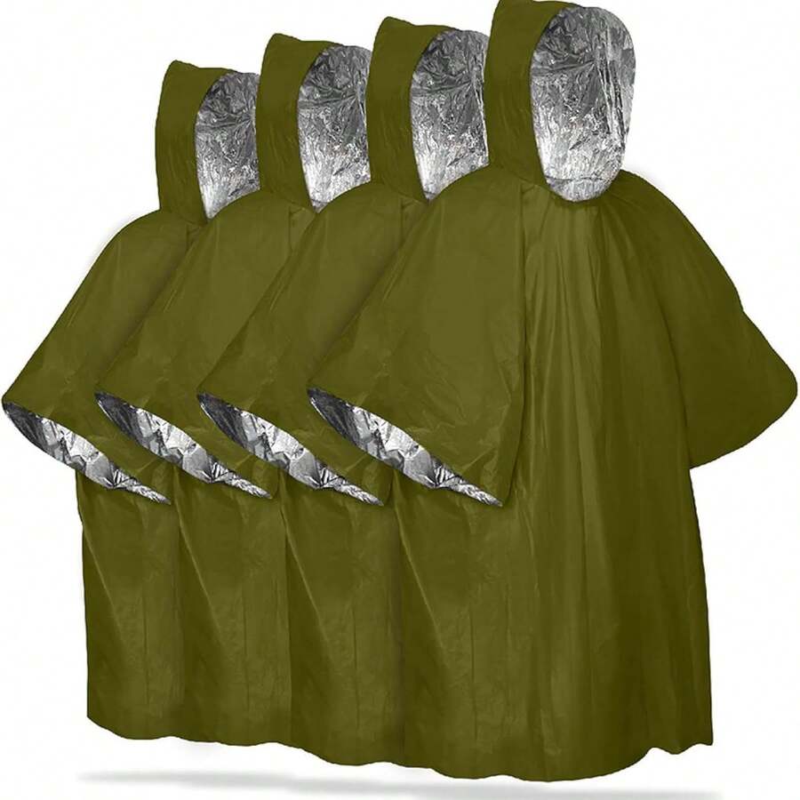 Poncho de Emergencia de 4 Piezas y Forro de Manta de Mylar, Manta de Supervivencia con Aislamiento de Película de Aluminio, Poncho Impermeable y a Prueba de Viento Adecuado para Situaciones de Emergencia al Aire Libre, Camping y en el Coche (Verde) - verde - Ver 1