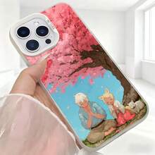 Cubierta de telefono con diseño de flores de cerezo y personajes anime rosa para iPhone 14 Pro Max funda protectora con ilustracion de pareja bajo arbol en flor ideal para uso diario en cafeterias y salas de estar - Negro - Ver 5