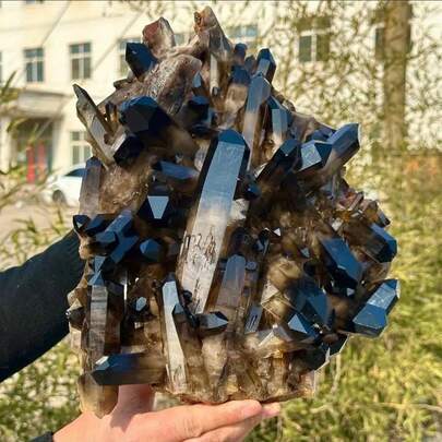 1颗黑色水晶簇状晶体 - 波西米亚风格矿物标本，颜色由土棕色渐变至透明，未经抛光，天然原石，适合家居装饰、珠宝制作和独特的节日礼物，具有纯正矿物学特征，质朴自然之美，手工精选宝石