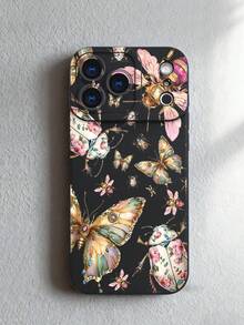 1 pieza Funda de teléfono con diseño de mariposas y escarabajos decorados con flores y piedras preciosas, estilo artístico surrealista ideal para amantes de la naturaleza y el arte creativo, protección elevada para lente con diseño de ojo, resistente a golpes, compatible con iPhone17 ProMax/16/15/14/13/12/11/Plus/Pro/ProMax, compatible con Galaxy A34/A35/A54/A55, Galaxy S20/S21/S22/S23/S24/S25 Ultra/Plus, compatible con Galaxy/Redmi/Honor/OPPO/ViVo - Negro - Ver 6