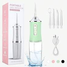 电动牙线器，便携式冲牙器，3种模式，4个喷嘴，无线USB充电，800mAh电池，旅行、居家皆宜，适用于牙套护理和口腔健康，是节日送礼佳品。