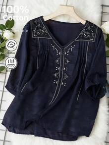 女式复古刺绣宽松波西米亚风衬衫，春夏休闲上衣