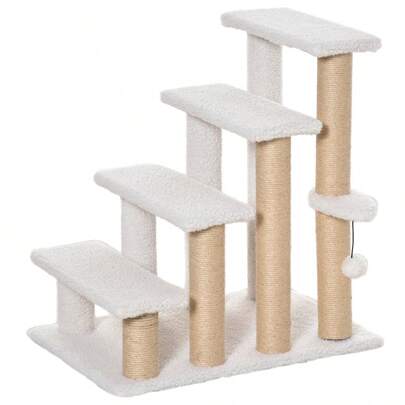 PawHut Pet Stairs With Scratching Post, 4-Step Stairs For Cats And Dogs Made Of Span Board, Felt And Jute, White, 60x40x64cm For Cats And Dogs