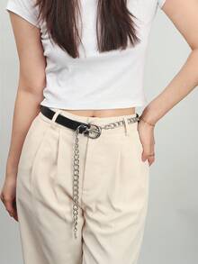 新款秋季金属链条与PU材质组合女士腰带，百搭装饰，可搭配西装、衬衫 - 黑銀色 - 查看 8