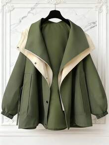 Stylish Women's Woven Fabric Long Sleeve Coat With Collar, Zipper And Pockets, Regular Length Design, Autumn/Winter - Green - View 2