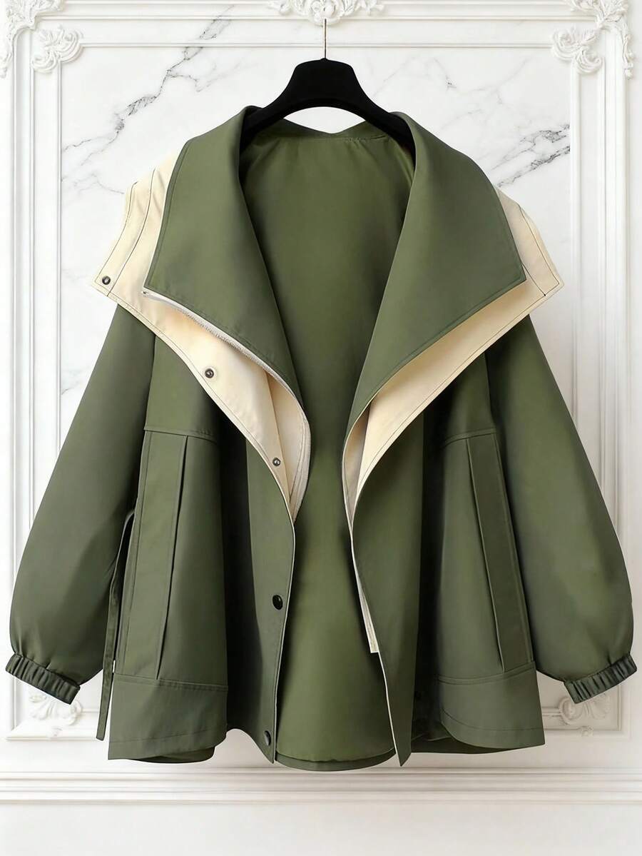 Stylish Women's Colorblock Hooded Casual Utility Jacket Coat, Autumn/Winter - Green - View 1