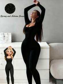 黑色U领长袖连体裤（适合春秋季） - 黑色 - 查看 3
