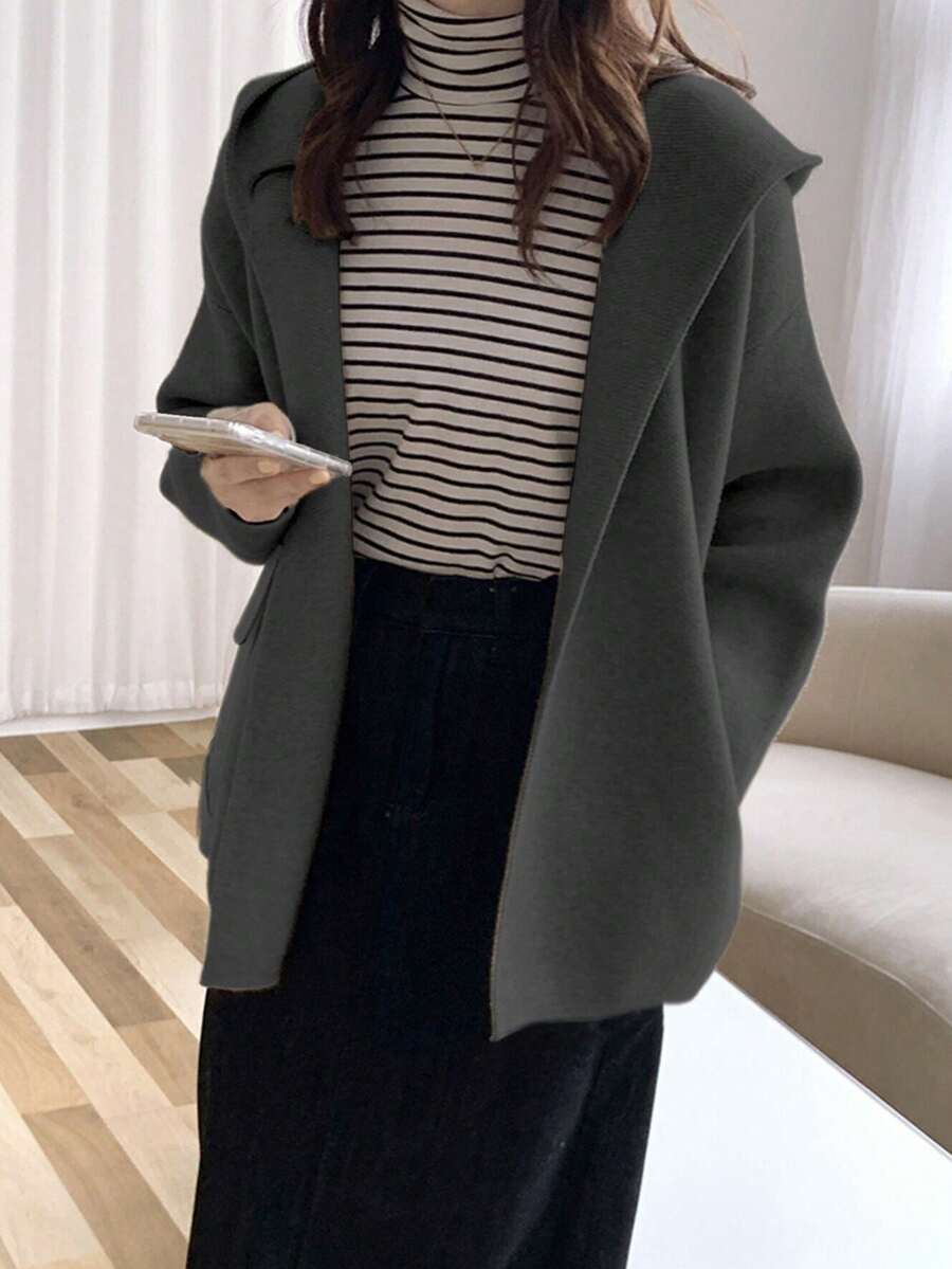 Alicedudu 女士极简风连帽宽松开衫外套，秋冬款 - 深灰色 - 查看 1