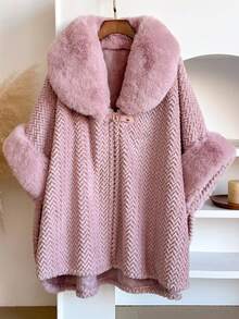 一件简约高端纯色格子仿貂毛领披肩斗篷，女士时尚百搭加厚保暖开衫外套，优雅柔软的绒毛斗篷，适合日常穿着，秋冬季可搭配连衣裙 - 彩色 - 查看 14