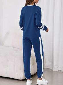 PRETTYGARDEN Women Fall 2 Piece Lounge Outfit Long Sleeve Tops High Waisted Jogger Pants Set Spring Travel Clothes Tracksuit New Years Valentine Vacation Outfit For Women - 深藍 - 查看 2