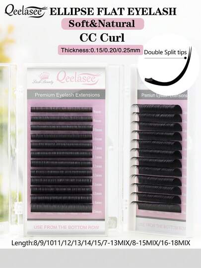  Qeelasee 1pc 12 Rows Matte Flat Lash Extension CC Curl Split Tips Individual False Mink Eyelashes Supplies Ellipse Flat Eyelash Makeup Eyelash