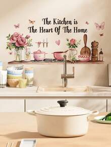 1件粉色玫瑰餐具英文名言墙贴，可移除墙贴，适用于厨房、餐厅、卧室装饰 - 粉色 - 查看 2