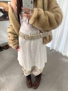 Y2K Beige Wide Belt, Sexy Punk Rock Street Style Metal Rivet Decor Faux Leather Belt - Beige - View 6