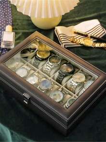 1pc Luxury Large Capacity Watch Storage Box, Watch & Bracelet Display Stand, Watch Case, Unisex, For Mechanical & Electronic Watches. Elegant Black PU Leather Watch Box With Dividers - Holds Watches, Perfect Gift Display Box. PU Leather Watch Box, Watch Storage Case, Watch Display Box, Home Organization, PU Leather 12 Grids Watch Box, Jewelry Display Box, Unisex Watch Storage Box, Travel Storage Box. With Safety Dividers, Perfect Gift Display Box, Desktop Organizer - Multicolor - View 6