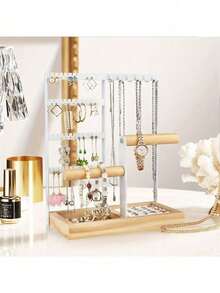 1pc Elegant Jewelry Organizer, 4-Tier Earring Holder With 48 Holes, 6 Hooks Necklace Storage, Stylish Wood Box For Bracelets & Rings, Perfect Gift For Mother's Day, Preppy Room Dr, Ideal For Valentine's Day, Thanksgiving, And Christmas Celebrations, Enhance Your Space With Functional And Chic Accessories, Must-Have For Fashion Lovers And Jewelry Enthusiasts, Organize Your Treasures In Style, Perfect For Gifting And Personal Use, Elevate Your Home Dr With This Versatile Jewelry Storage Solution.,Room Décor - Multicolor - View 15