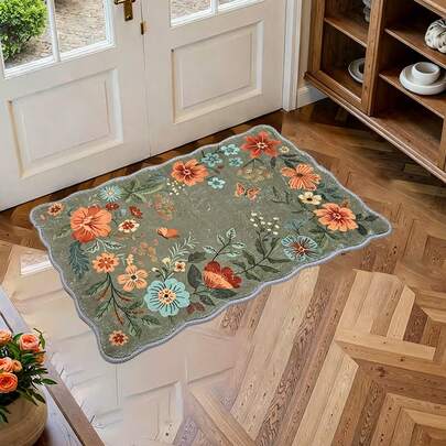 1 Pc Bohemian-Style Green Floral Wave-Patterned Entryway Rug, Soft And Comfortable Faux Cashmere Material, Low-Pile Decorative Mat, Dimensions: 19.69*31.49 Inches & 15.74*47.24 Inches, Washable Kitchen Rug, Ultra-Thin And Soft Rug, Non-Slip Indoor Doormat, Suitable For Bathroom And Bedroom.