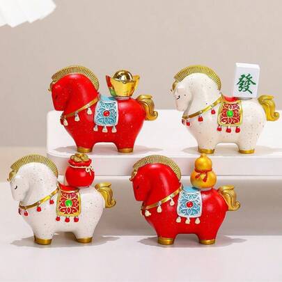 1个旋转招财马雕像，带金色底座 - 传统中国马摆件，红金吉祥摆件，家居/办公室财富装饰，乔迁/开业/生日礼物，树脂桌面风水摆件（无需用电）