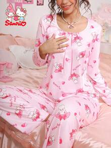 SANRIO 两件套三丽鸥旋律女士睡衣套装，粉色，草莓字母爱心印花，蝴蝶结装饰，可爱家居服套装 - 淺粉色 - 查看 4