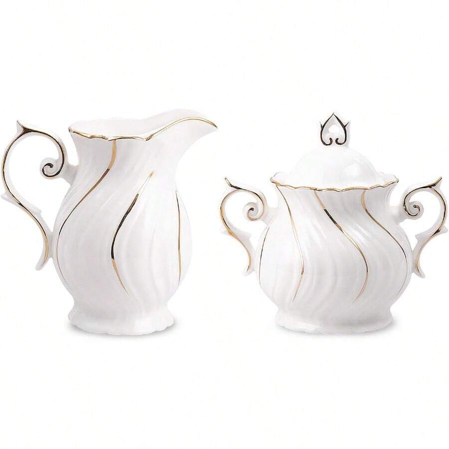 WSXC Sugar And Creamer Set Ceramic Creamer Pitcher And Sugar Bowl With Lid Creamer Pitcher With Handle Sugar Cube Dish Coffee Or Tea White With Gold Thread - Whitewithgoldthread - View 1