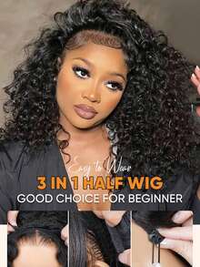 Jerry Curly Half Wig Human Hair 250 Density 3 In 1 Drawstring Seamless Flip Half Wigs Wear Go Glueless Wigs Human Hair Kinky Curly Half Wig For Women Drawstring Headband Wig Beginner Friendly - SNatural - 查看 6