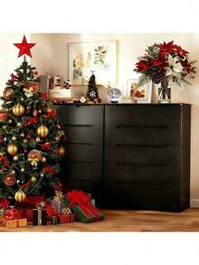 6 Drawer Dresser, Vanity De Maquillaje  With Large Storage  Furniture , Dresser For Bedroom With Embedded Handle, Tall Dresser And Organizer With Anti-Tripping, Wooden Dresser Cabinet For Office, Living Room, Entryway, Room Decor, Black, Christmas - 黑色 - 查看 10