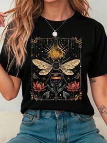 大码蜜蜂衬衫，复古塔罗牌图案，花卉蜜蜂田园风美学T恤，轻薄学院风服饰，送给自然爱好者的礼物，休闲黑色夏季款 - 黑色 - 查看 1