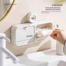 Soap Box Wall-Mounted Bathroom Suction Cup Flip-Top Soap Holder, No Drilling, Double Window Drainage Storage - Multicolor - View 6