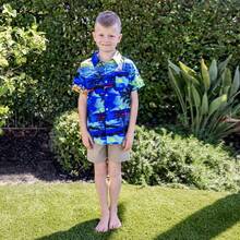 Matching Family Hawaiian Outfits Tropical Blue Palm Tree Print Shirt / Dress Summer Beach Vacation Coordinated Outfit Set - Màu xanh lam - Xem 5