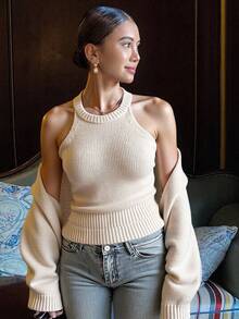 Livesso 2pcs Women's Solid Color Camisole Cardigan Sweater Set, Autumn - Apricot - View 2