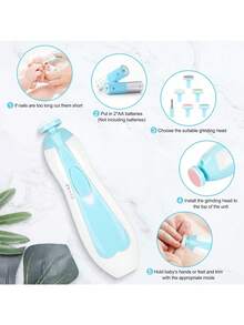 Cochildor Baby Nail File Clippers Electric: Baby Nail Trimmer Electric Kit Fingernails Toes Care Manicure 6-In-1 Set With LED Light  For Newborn Kids And Adult  Available In Pink And Blue. - 藍色 - 查看 3
