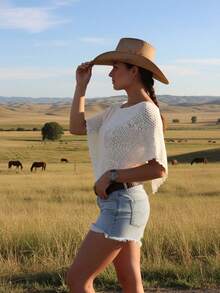 大码女装大码夏季休闲纯色吉祥字母图案蝙蝠袖毛衣上衣网眼镂空度假沙滩不对称下摆针织上衣女度假