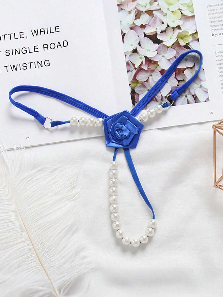 Quần lót nữ gợi cảm đính hạt ngọc trai giả, vòng trong suốt, họa tiết hoa, trang trí hoa, vật dụng thiết yếu cho bữa tiệc riêng tư, Giáng sinh, Năm mới 2026 - Màu xanh lam - Xem 1