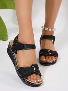 New Vintage Women Sandals, Perforated Design, Round Toe, Wedge Heel, Comfortable