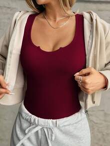 Women's Solid V Neck Long Sleeve Fitted T-Shirt, Spring And Autumn - 酒紅色 - 查看 5