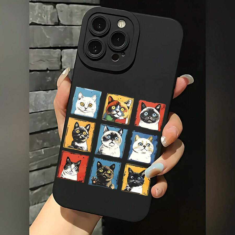 2026 nueva funda de teléfono mate, funda de teléfono con impresión de cuadrícula de retrato de gato para iPhone 17 14 13 12 11 Pro Max y funda de teléfono de la serie Galaxy S23 S22 S21 S20, regalo de funda de pareja para novio y novia, regalo de San Valentín y cumpleaños - Negro - Ver 1