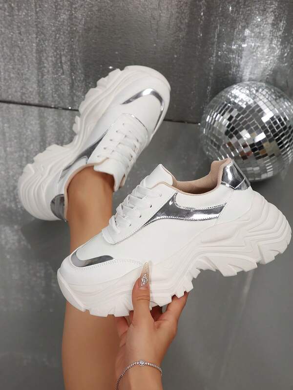 Women Thick Sole Sneakers, 2026 New Spring Autumn Season Lightweight Thick Bottom Shoes, Suitable For Spring Autumn Sport Style, Women Lace-Up White Shoes Women's Leisure All-Match Sports Shoes