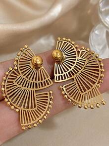 1对复古扇形耳环，几何金色耳钉，不锈钢耳环，女士日常及派对饰品，万圣节及圣诞节礼物 - 彩色 - 查看 8
