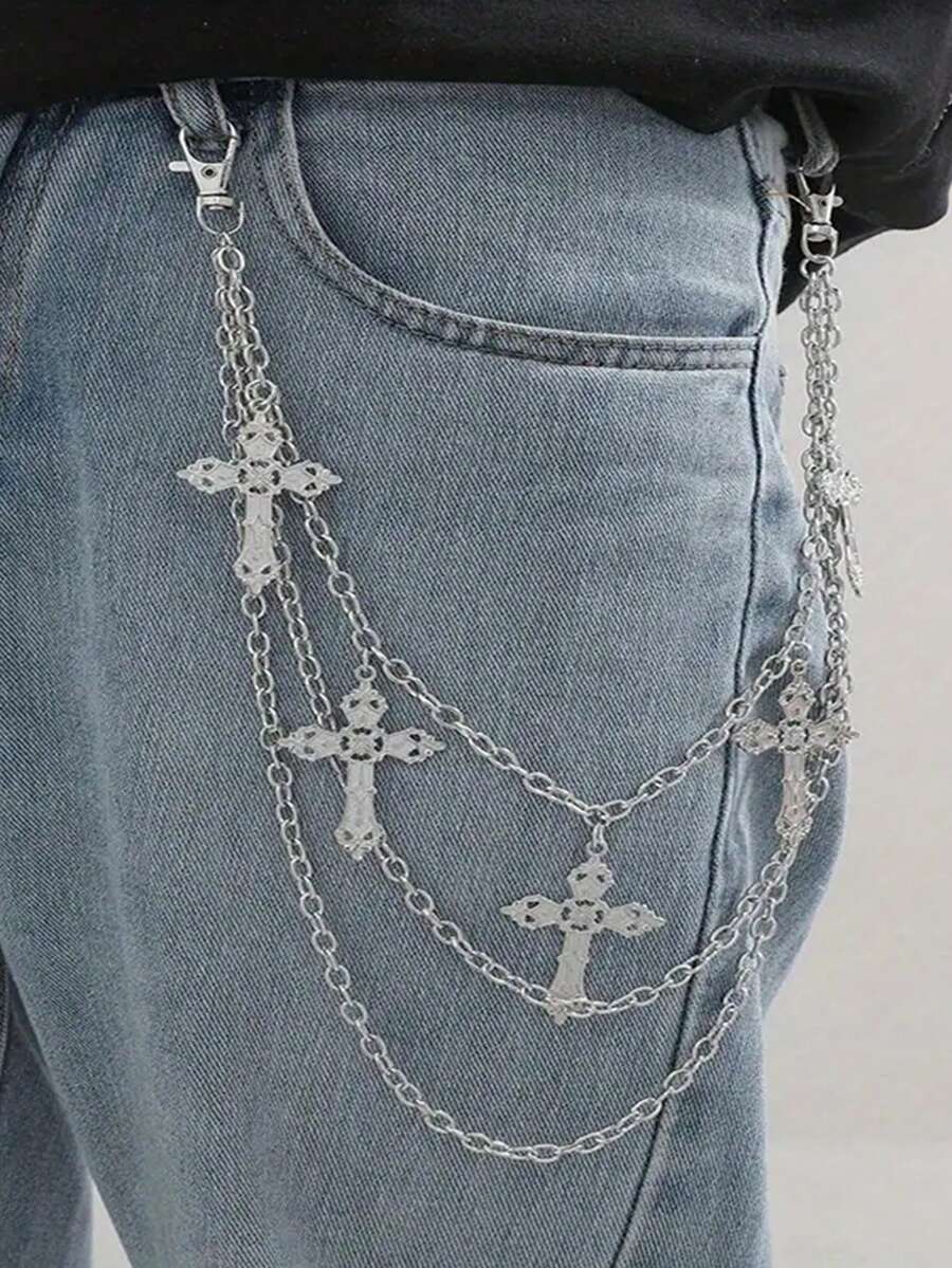 1 Piece Of Fashionable Cross Stainless Steel Trouser Chain Suitable For Men's Daily Casual Party Rock Clothing Matching - Bạc - Xem 1