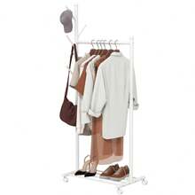 HOMCOM Clothes Rack With Wheels, Mobile Wardrobe With Clothes Rail, 5 Hooks, White Shoe Rack
