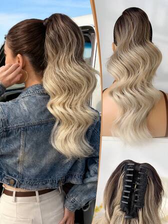 Claw Shaped Ponytail Extension Hair Accessory Gradient Brown 16 Inch Long Wave Heat-Resistant Fiber Synthetic Ponytail Wig, Suitable For Women's Christmas, Halloween, Concerts, Parties, And Daily Use