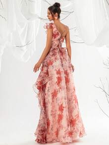 VIPGIRL Floral Print Mesh Ruffle Trim Asymmetric Neck Evening Maxi Dress - Rusty Rose - View 2