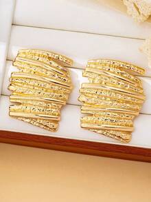 1对时尚几何方形耳钉，百搭女士派对、日常佩戴、礼物 - 金黃色 - 查看 3