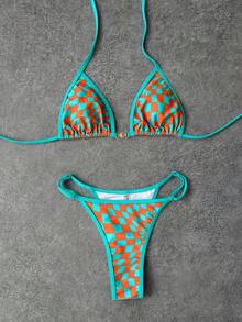 女士时尚性感吊带泳衣，格子印花比基尼套装，优雅夏季度假、派对、海滩假日装扮 - 藍橙 - 查看 1