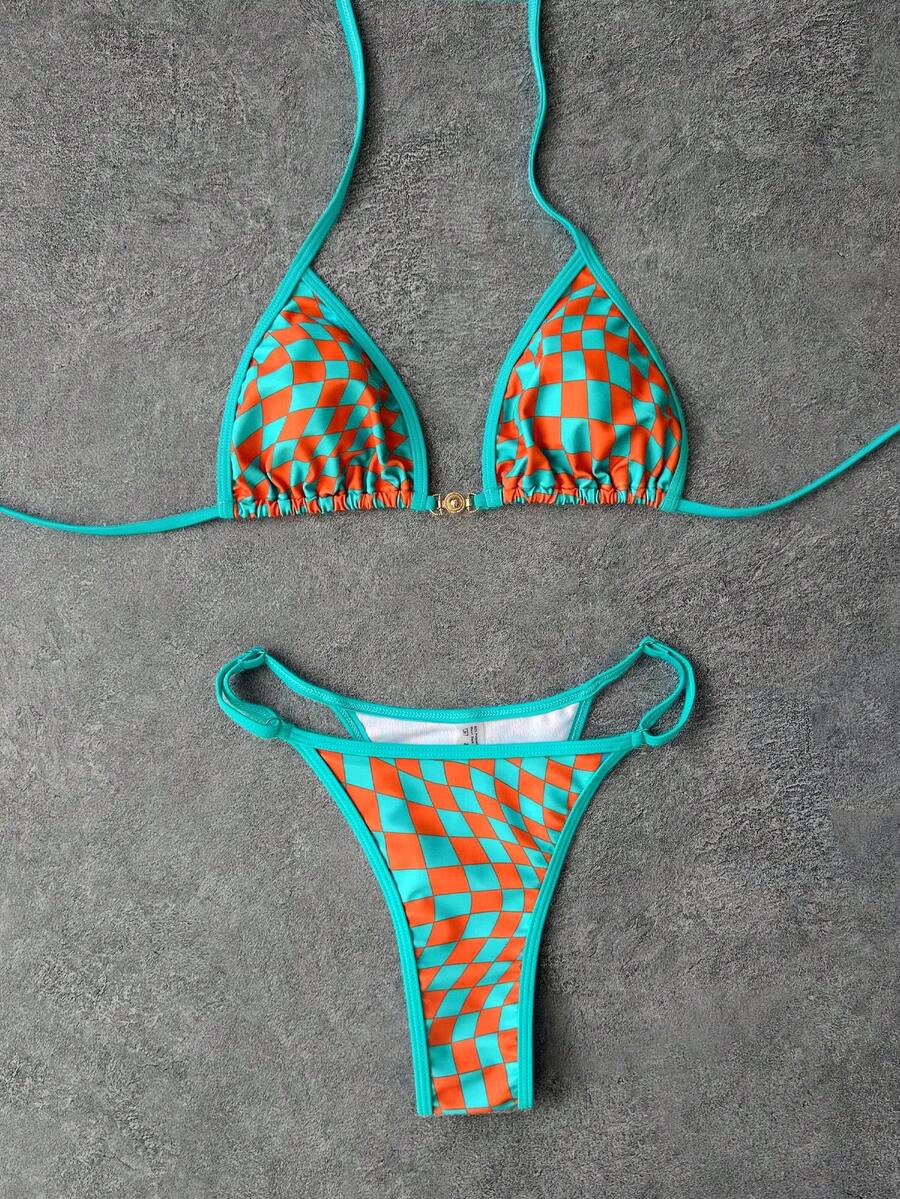 女士时尚性感吊带泳衣，格子印花比基尼套装，优雅夏季度假、派对、海滩假日装扮 - 藍橙 - 查看 1