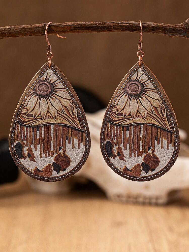1 Pair Pattern PU Leather Western Earring For Women - PU Leather Teardrop Earrings - View 3