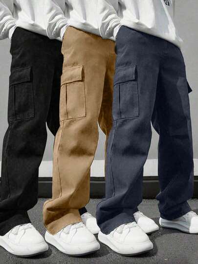 3pcs Teenage Boys/Kids Casual Street Style Simple Sports Outdoor Cargo Pants, Spring/Autumn