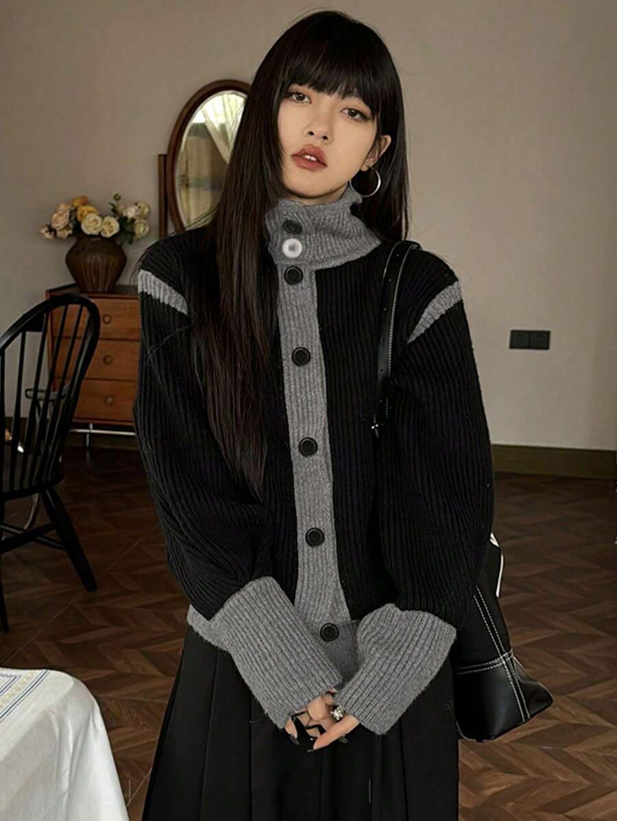 Retro Casual Design Niche Contrast Color Knit Cardigan, Women, Autumn/Winter Black